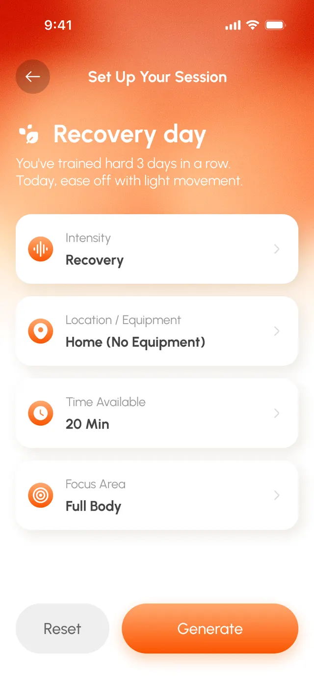 FitCoach AI planning screen for choosing duration, equipment and focus area