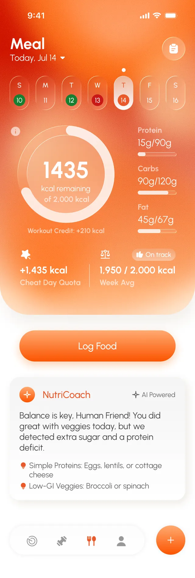 Wooki AI nutrition home screen showing the day's calories and macronutrient totals