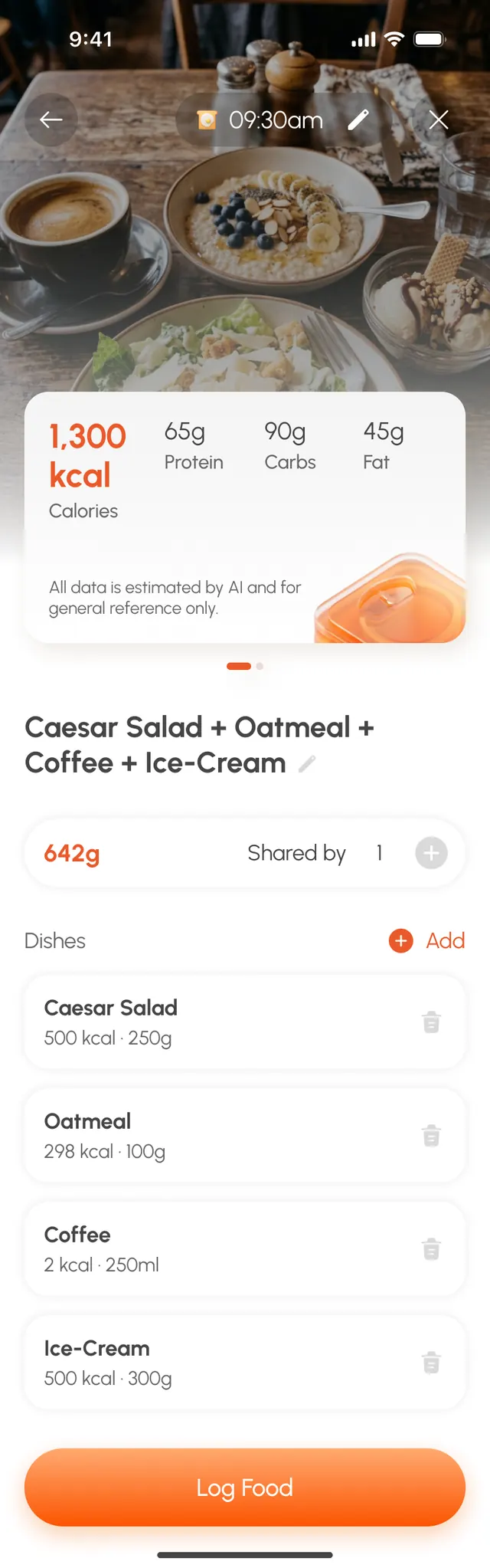 Wooki AI food scan result identifying a dish with its calorie and macro breakdown