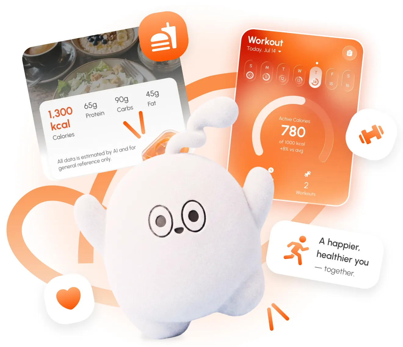 Wooki the mascot surrounded by the app's meal scan card showing 1,300 kcal and its workout card showing 780 active calories