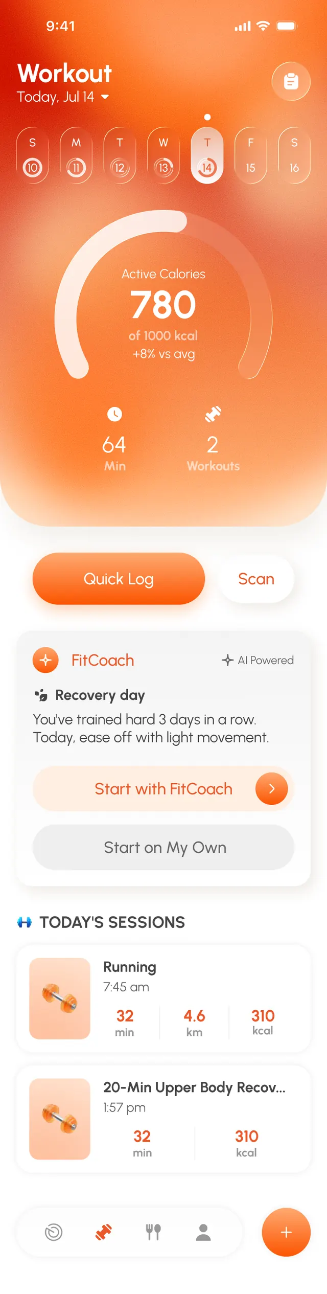 Wooki AI workout home screen with today's session and popular routines